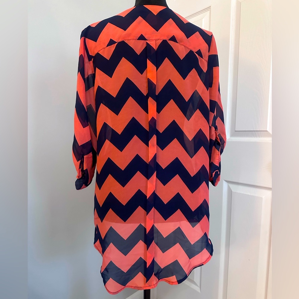PaperMoon Peachy Tangerine & Blue Chevron Pattern Blouse